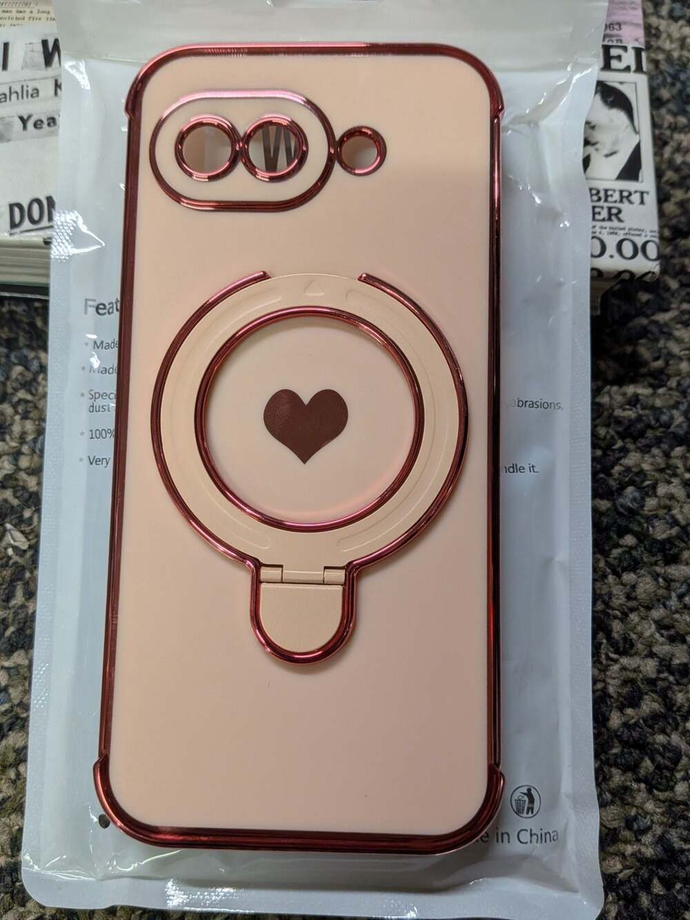 Pink Plated Frame Phone Case with Heart Ring Stand Holder